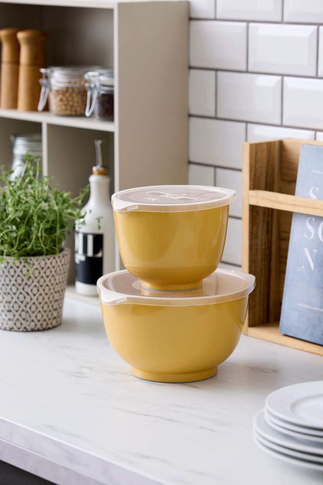 Yellow plastic bowls