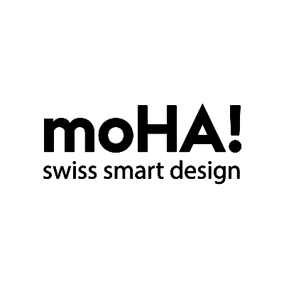 Text logo saying moHA! with tagline swiss smart design below in black on white background.