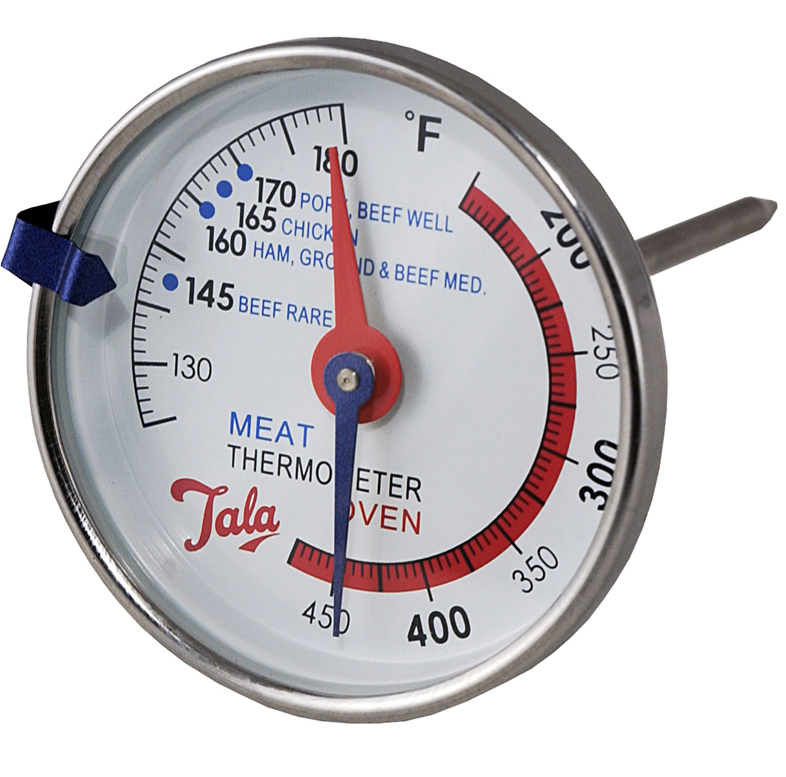 Close-up of Tala meat thermometer showing 160°F with temperature ranges for meat doneness.